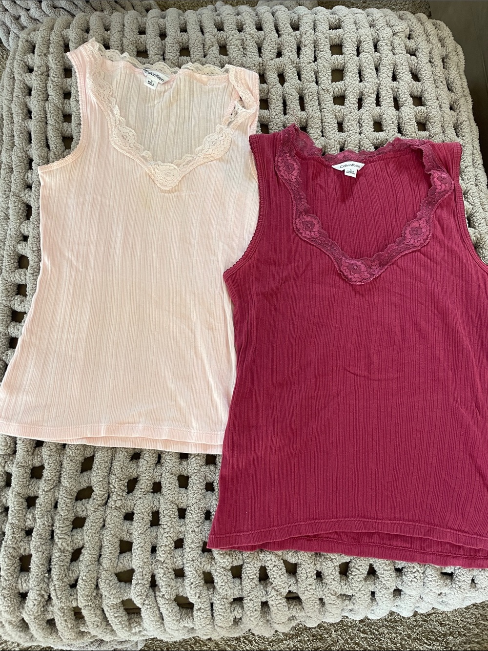 Calvin Klein Lace-Trim Ribbed Camisoles in Light Pink and Berry (set of 2)